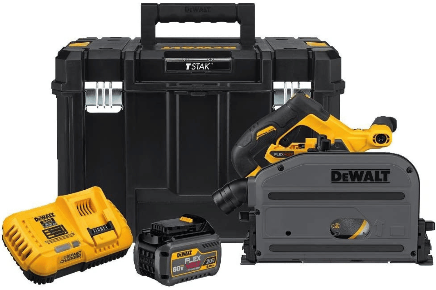 DeWalt Track Saw Kit comes with the saw, 60V FLEXVOLT battery and charger, and T-Stak kit box