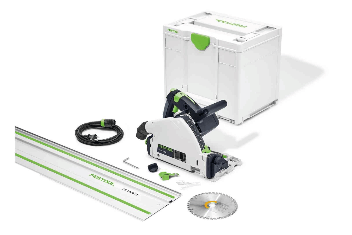 The Festool Track Saw comes with the saw, track, saw blade, power cord, and the Festool Systainer.
