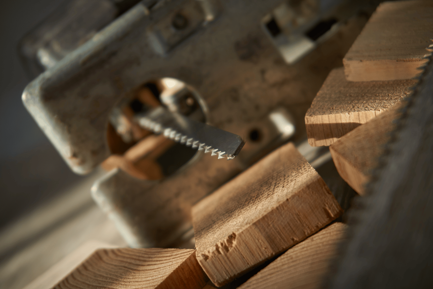 A jigsaw with a wood cutting blade and a blade clamp