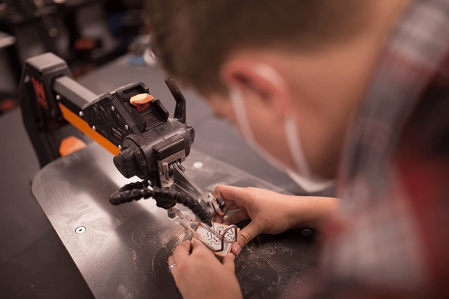 A scroll saw with a long throat length and cutting capacity, perfect for intricate cuts and detailed woodworking projects.