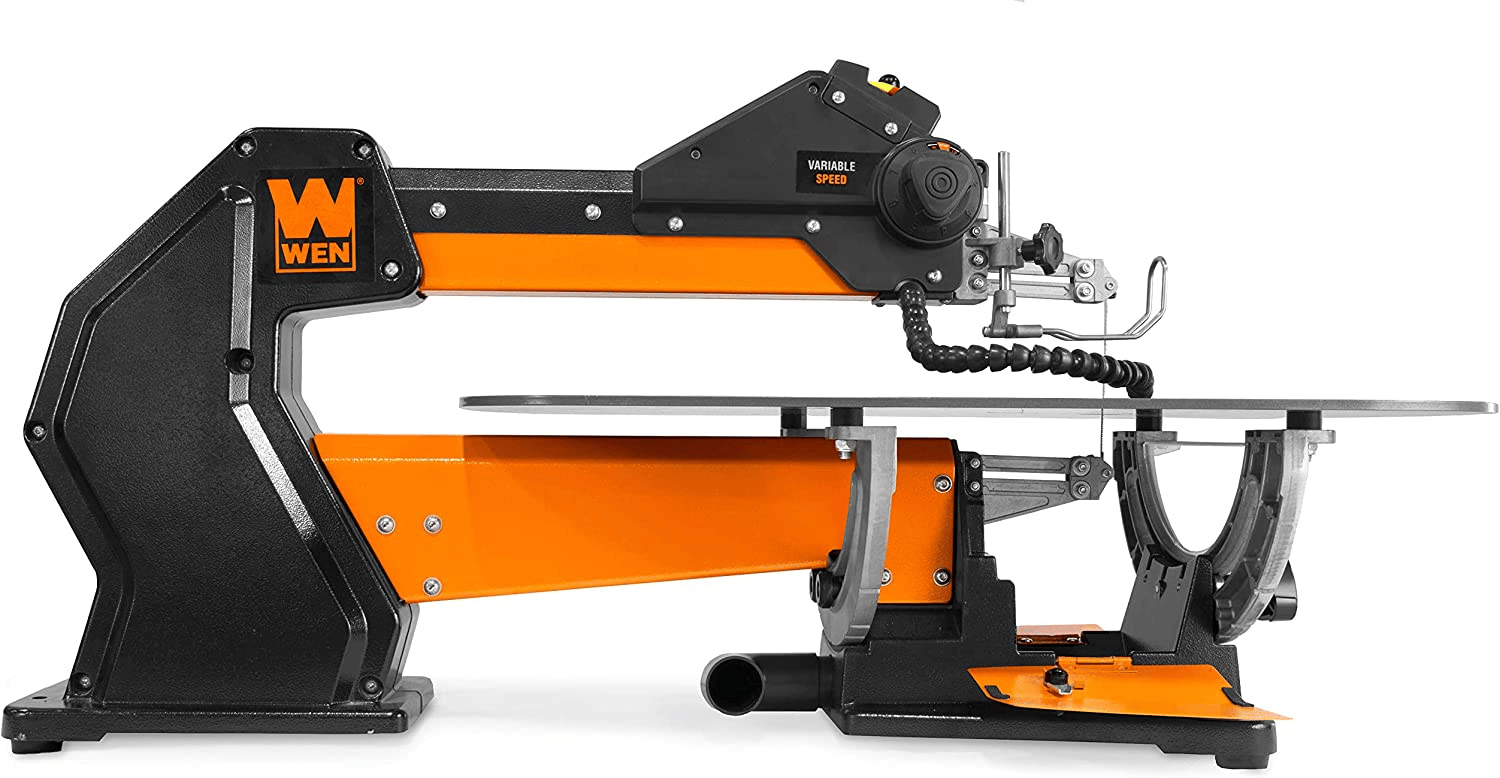 Scroll saw with two arms and a parallel arm for up and down motion