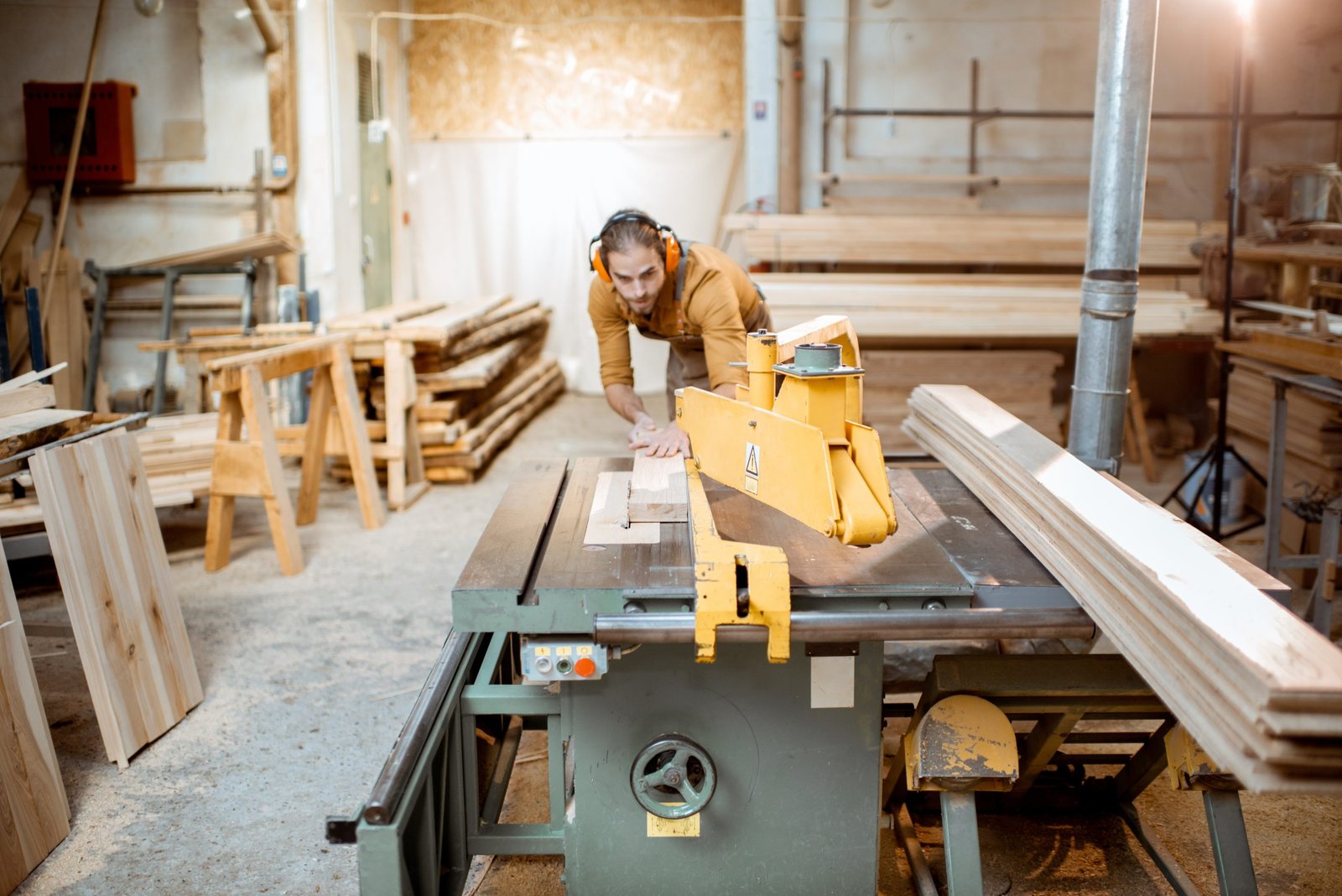 A person using a table saw with a rip fence to make rip cuts
