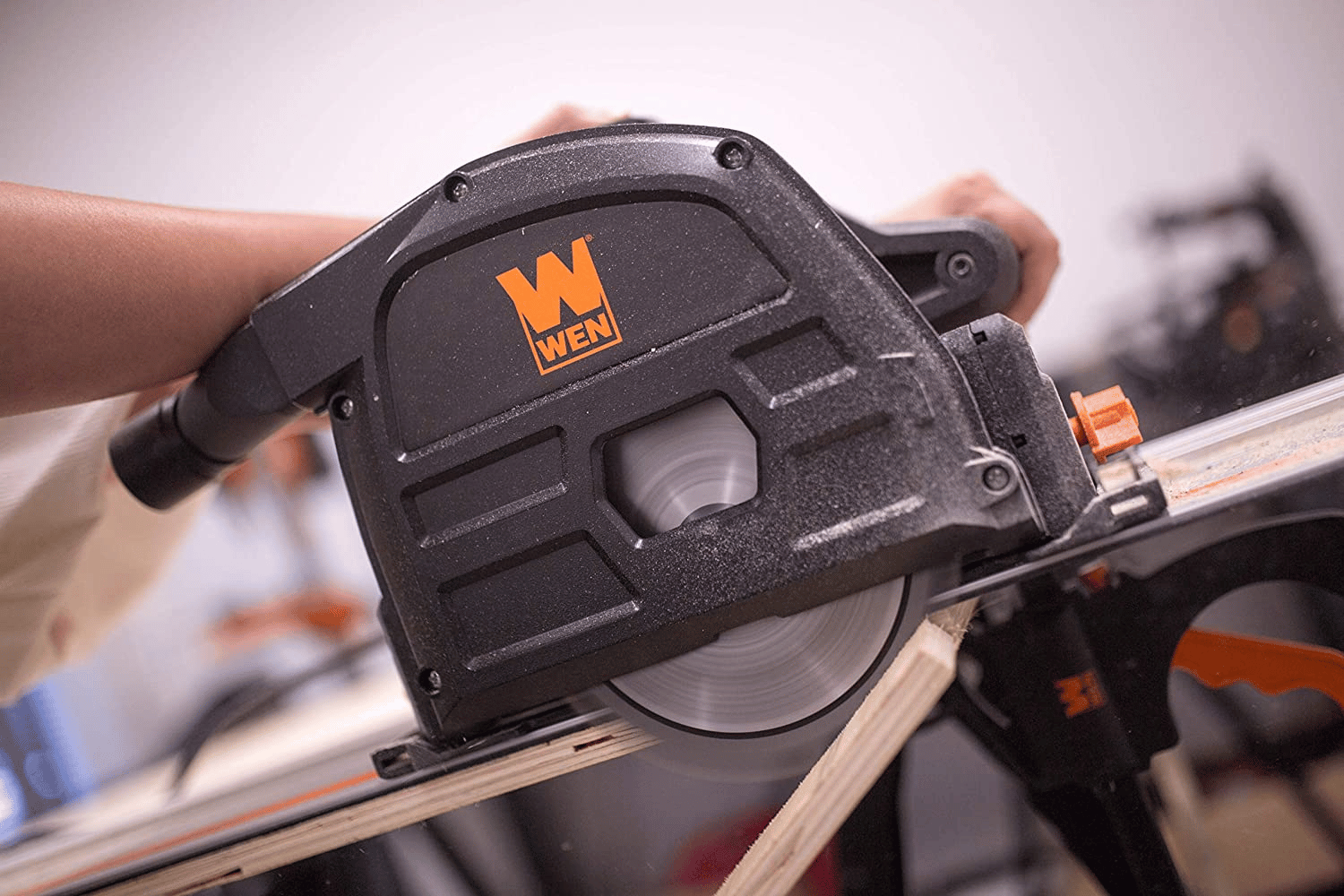 Track Saw in Action Cutting Wood